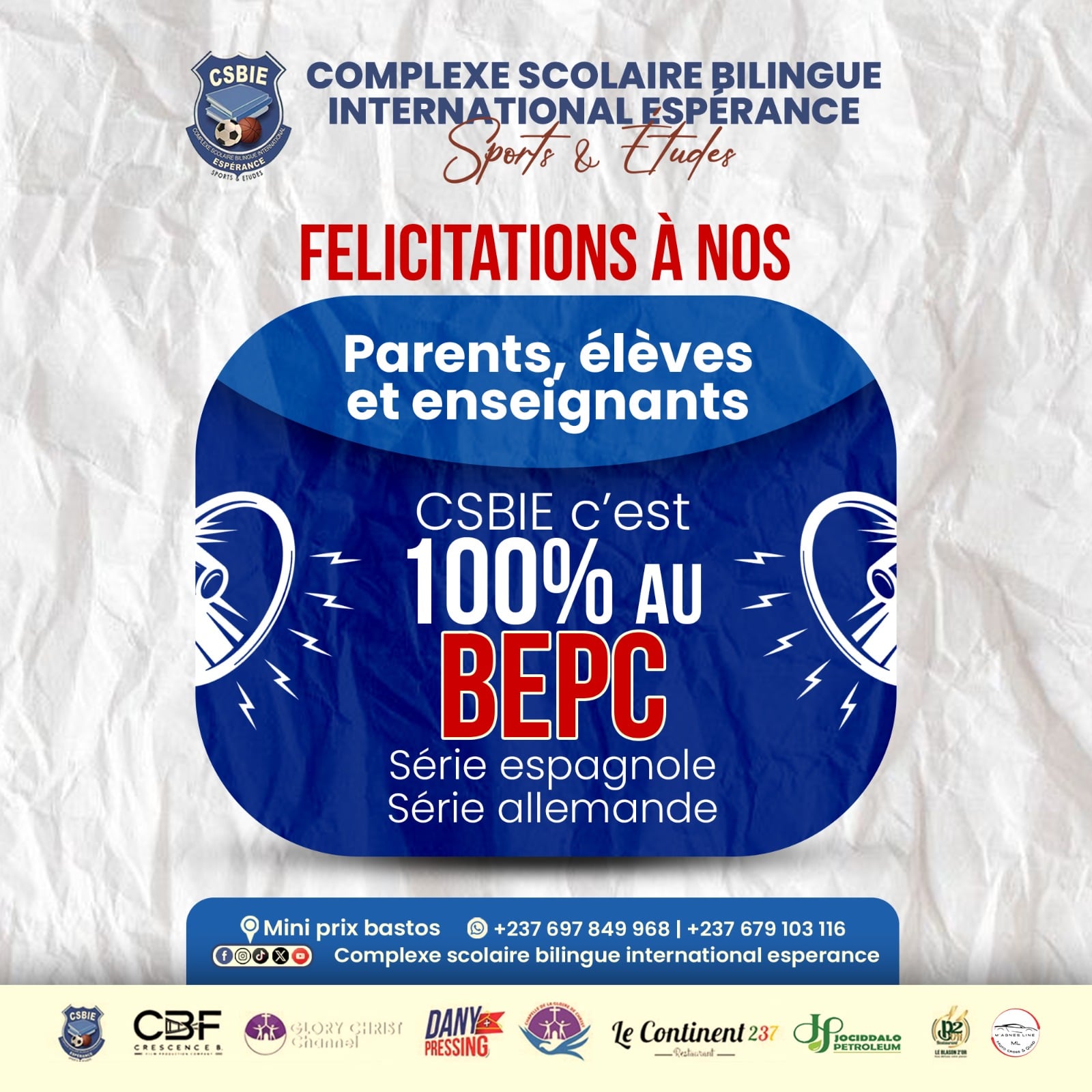 CSBIE 100% BEPC — Performance Complexe scolaire bilingue international Espérance