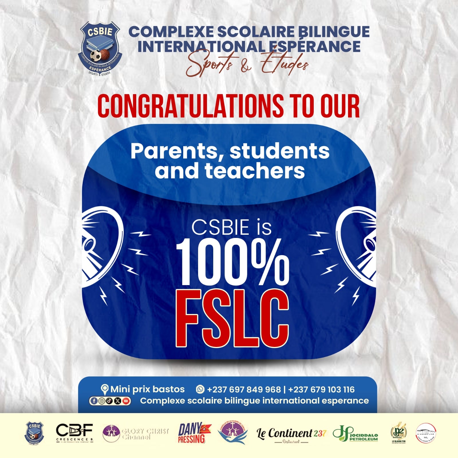 CSBIE 100% FSLC — Excellence académique Cameroun